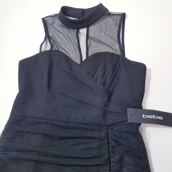 BEBE Black Ruched Illusion Neckline Ruffle Cocktail Dress Sleeveless Mock Neck - Picture 3 of 12